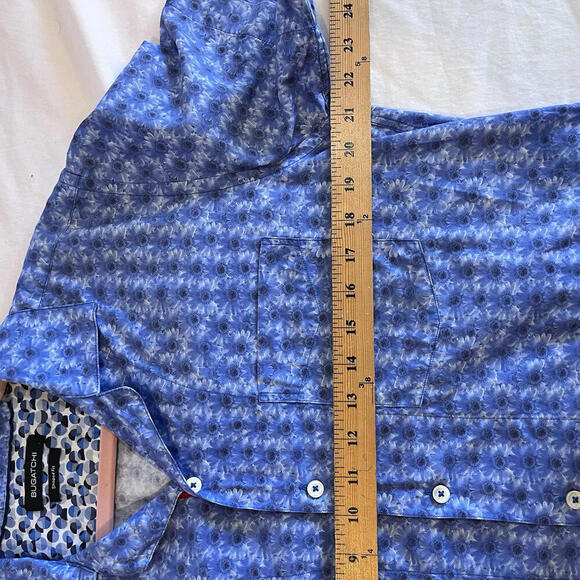 BUGATCHI Shaped Fit Button UP Short Sleeve Shirt Blue Floral Print Large - Picture 7 of 9
